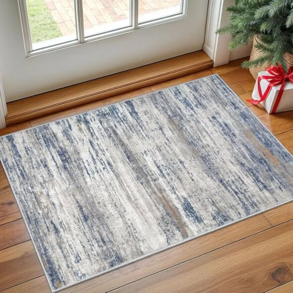 New Modern Abstract 2x3 Entryway Rug, Washable Non-Slip Faux Wool Mat, Grey-Blue